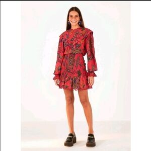 Farm Rio Sunset Tapestry Mini Dress Smocked Ruffled Boho Blush Romantic Size XL